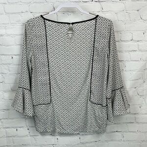 ANN TAYLOR LOFT Black White Geometric Print Bell Sleeve Keyhole Back Top XSmall